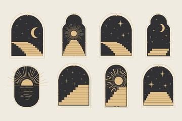 Wall Mural - set arch window line frame celestial, mystic with staircase, astrology symbols moon and sun, line bo