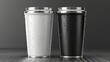 A white and black tumbler are shown next to each other with a transparent background.