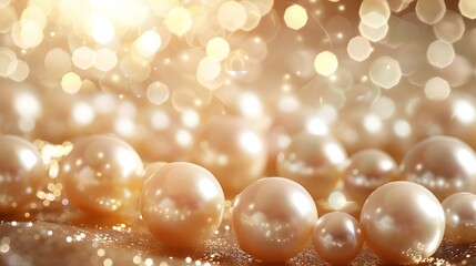 Wall Mural - Beautiful group of shiny pearls on soft background with sparkles and light beams with copy space. White pearls whit gold in motion background. Pile of pearls on the shiny background