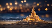 A Night Sand Castle Sitting On Top Of A Sandy Beach