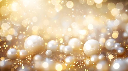 Wall Mural - Beautiful group of shiny pearls on soft background with sparkles and light beams with copy space. White pearls whit gold in motion background. Pile of pearls on the shiny background