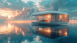 A futuristic floating house with a transparent exterior, capturing the surreal scene as it hovers above calm waters, reflecting the surrounding sky.