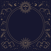 Astrology frame or mystic tarot border with magic bohemian pattern, vector background. Tarot cards, esoteric astrology and witchcraft magic frame with symbols of sun and moon or stars constellations
