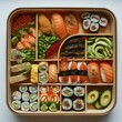 Assorted sushi delicacies in a bento box, Japanese cuisine.