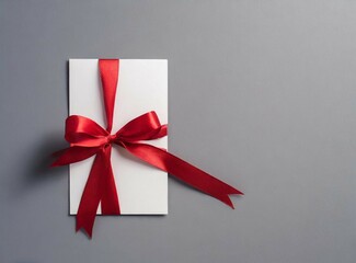 Sticker - Gift card with red ribbon isolated on gray background, top view, with space for text, and/or graphic element for clipping.