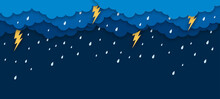 Paper Cut Rain Clouds With Lightnings And Rain Drops. Vector 3d Papercut Thunderstorm Or Storm Weather Background With Water Droplets Falling From The Dark Cloudy Sky And Bright Flash Bolts Sparkling