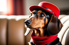 Dachshund Dog Close-up Wearing A Red Hat And Scarf. Cover, Poster, Postcard