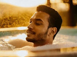 Wall Mural - African american man taking bath in jacuzzi in resort hotel