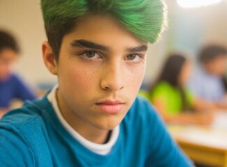 Poster - Latin boy with green hair at school. Angry problem troubled student.