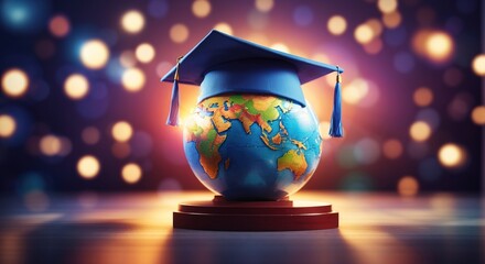 3D globe in graduate hat illustration