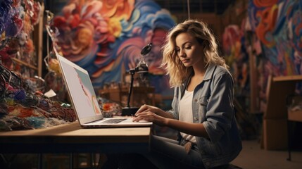 Wall Mural - A young woman draws colored graphics on a laptop in the workplace. An artist, creative Graphic designer, Retoucher is engaged in his favorite work, Hobby.