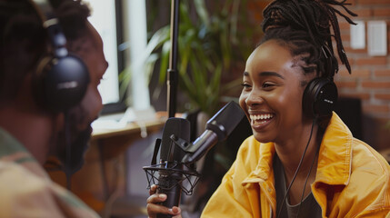 Poster - Happy female record a podcast with headphones smiling and looking on male guest while interviewing for online show