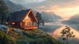 Fototapeta Konie - A hyperrealistic image of a wooden house with a triangular roof and a porch. The house is located on a hillside with a view of the mountains and the lake.