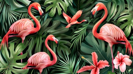 Wall Mural - llustration of tropical wallpaper design with exotic leaves and flowers. Hummingbird and flamingos. Paper texture background. Seamless texture.