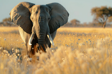 Wall Mural - African Elephant in Golden Grass at Sunset