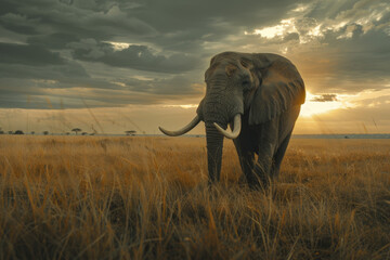 Poster - Elephant in Sunlit Savanna Field