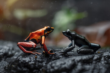 two poison-dart frogs on wet rocks