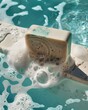 Bar of exfoliating soap suspended in a whitewash high tide
