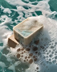 Bar of exfoliating soap suspended in a whitewash high tide