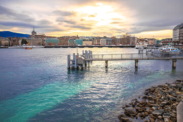 Poster - City of Geneva Lac Leman waterfront sunset view