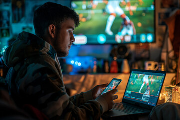 A man watches an online broadcast of a football match and celebrates winning bets on his phone.