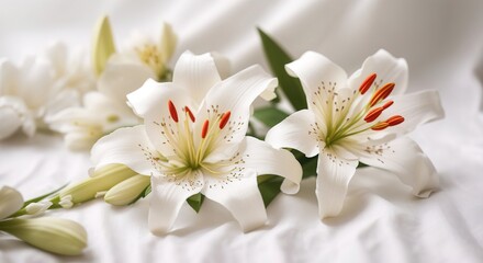 Wall Mural - Lily flower on white cotton fabric cloth backgrounds