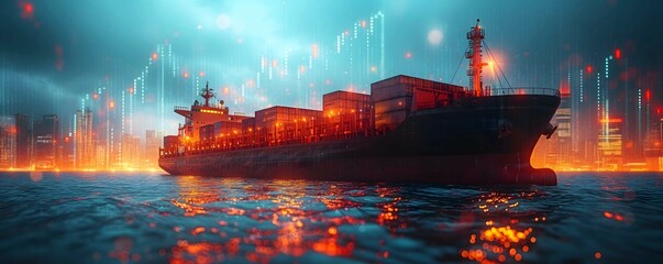 Container cargo ship, double exposure withgraph chart of stock market