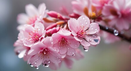 Poster - Closeup of dew drops on sakura flower macro photography