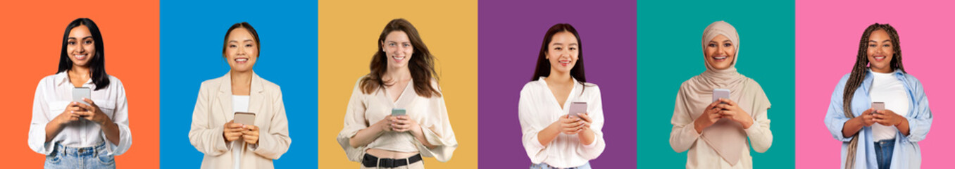 Diverse group of six women with various hairstyles and outfits smiling and holding smartphones