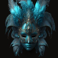 Wall Mural - Carnival mask with gold ornaments and blue feathers on black background. Carnival outfits, masks and decorations.