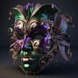 Gold purple mask with rich ornaments on dark background. Carnival outfits, masks and decorations.