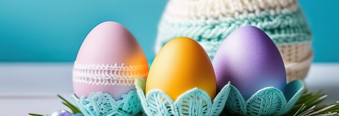 Wall Mural - A delightful trio of Easter eggs, each with its own heartwarming gaze and a soft knitted pom-pom hat, arrayed against a gentle background, bringing a touch of Easter cheer 