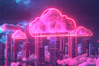 cloud computing concept with buildings and a neon sky. technology cloud illustration digital background design concept. abstract motion of digital data flow