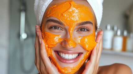 Wall Mural - Dewy Skin Perfection, Woman with Brightening Orange Peel Mask. cosmetic shot, beauty industry advertising photo.