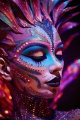 Wall Mural - Close-up view of a woman's face painted for a carnival party. Carnival outfits, masks and decorations.