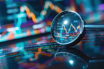 Wall Mural - a magnifying glass over a financial data board. financial data concept. business stock financial finance management on analysis data strategy with graph