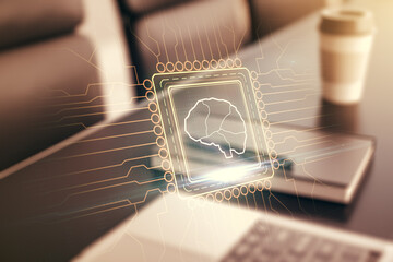 Wall Mural - double exposure of creative human brain microcircuit with computer on background. future technology 