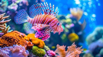 Wall Mural - Lionfish elegantly swims among vibrant corals in a stunning saltwater aquarium scene.