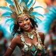 Black woman in carnival costume with feathers in her hair. Carnival outfits, masks and decorations.