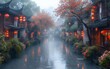 The ancient city, Chinese traditional buildings on the old street with rainy weather. 