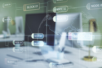 Wall Mural - double exposure of abstract programming language with world map on laptop background, research and d