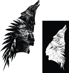 Wall Mural - native american tribal chief wearing feathered headdress and howling wolf head - black and white vector shaman textured silhouette portrait