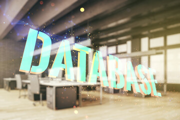 Wall Mural - double exposure of creative database word hologram on modern corporate office background, research a