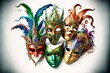 Colorful carnival masks on bright background. Carnival outfits, masks and decorations.