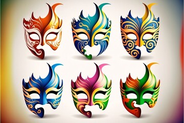 Wall Mural - Colorful carnival masks on bright background. Arranged in a row. Carnival outfits, masks and decorations.