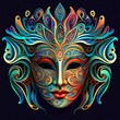 Concept illustration of carnival mother with colorful rich decorations. Dark background. Carnival outfits, masks and decorations.