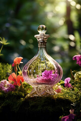 Sticker - fancy glass perfume bottles in green herbs flowers moss wood, natural cosmetics, Generative AI