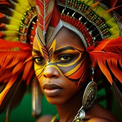 Wall Mural - Face of a Woman with a face painted with colors and long feathers, carnival costume. Carnival outfits, masks and decorations.