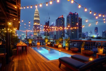 Wall Mural - Rooftop swimming pool with string lights at night, overlooking a stunning urban cityscape with illuminated skyscrapers.