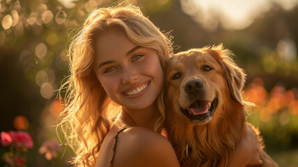 Sticker - Sunny cheerful portrait of a young woman hugging a dog.